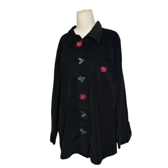 Quacker Factory Black Corduroy Holiday Shirt – Poinsettia & Holly Embroidered 1X - Picture 7 of 8